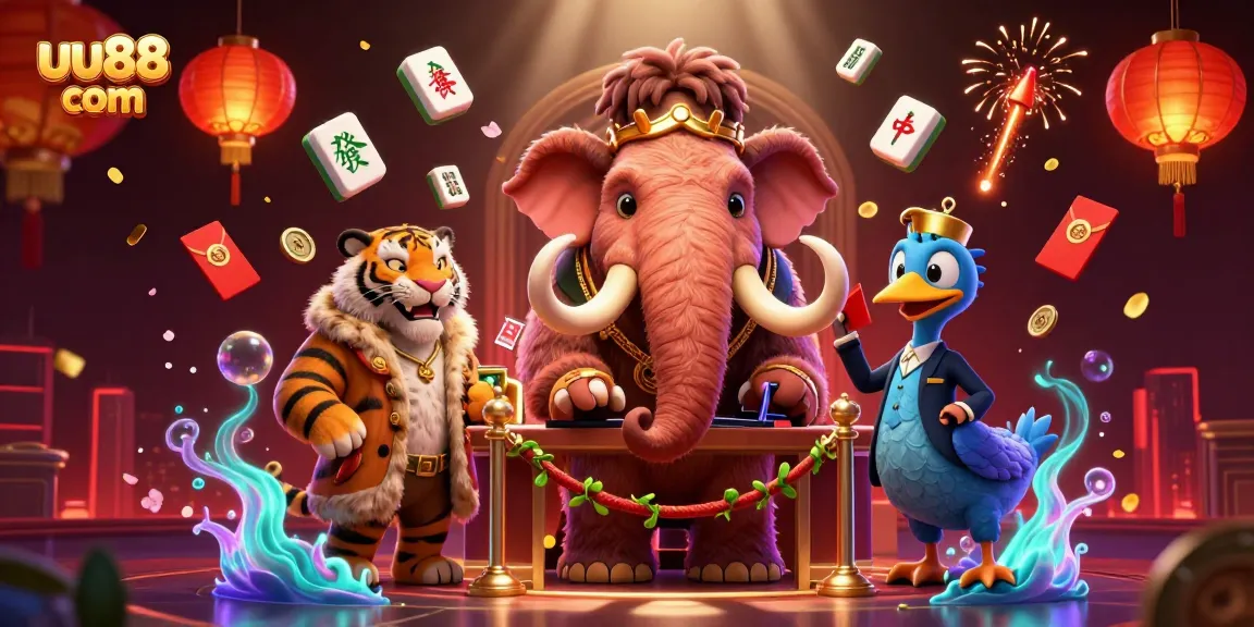 Engage with uu88 com's vibrant casino world featuring a mammoth bouncer, a saber-tooth tiger, and festive elements.