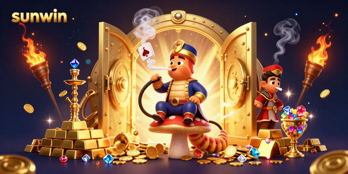 Sunwin's vibrant gambling scene features a caterpillar in a casino atmosphere with poker symbols.