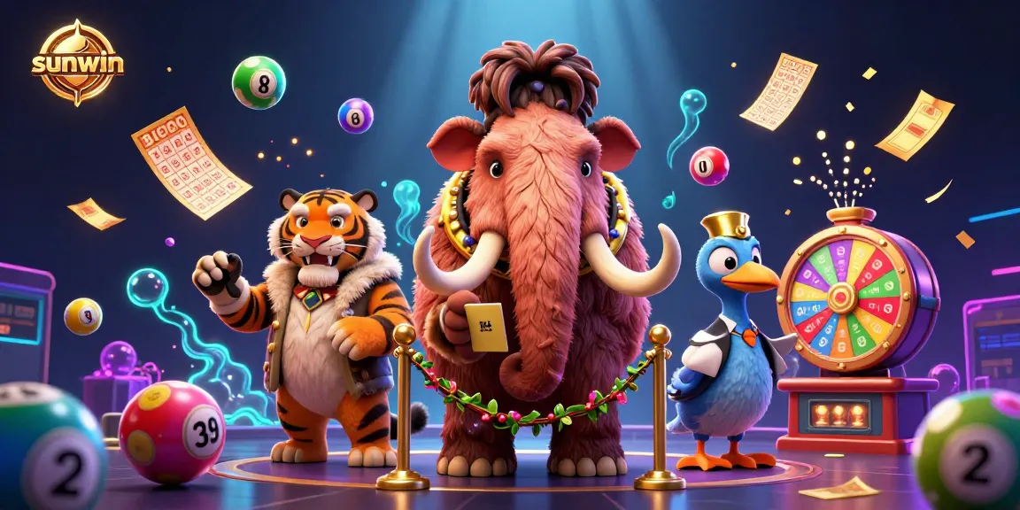 Sunwin offers a vibrant casino scene with a whimsical woolly mammoth bouncer checking a VIP saber-tooth.
