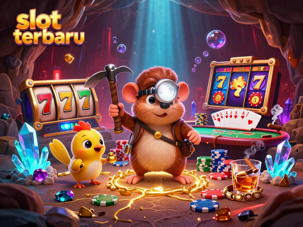 Spin the reels with slot terbaru at an exciting casino scene featuring a treasure hunter and poker chips.