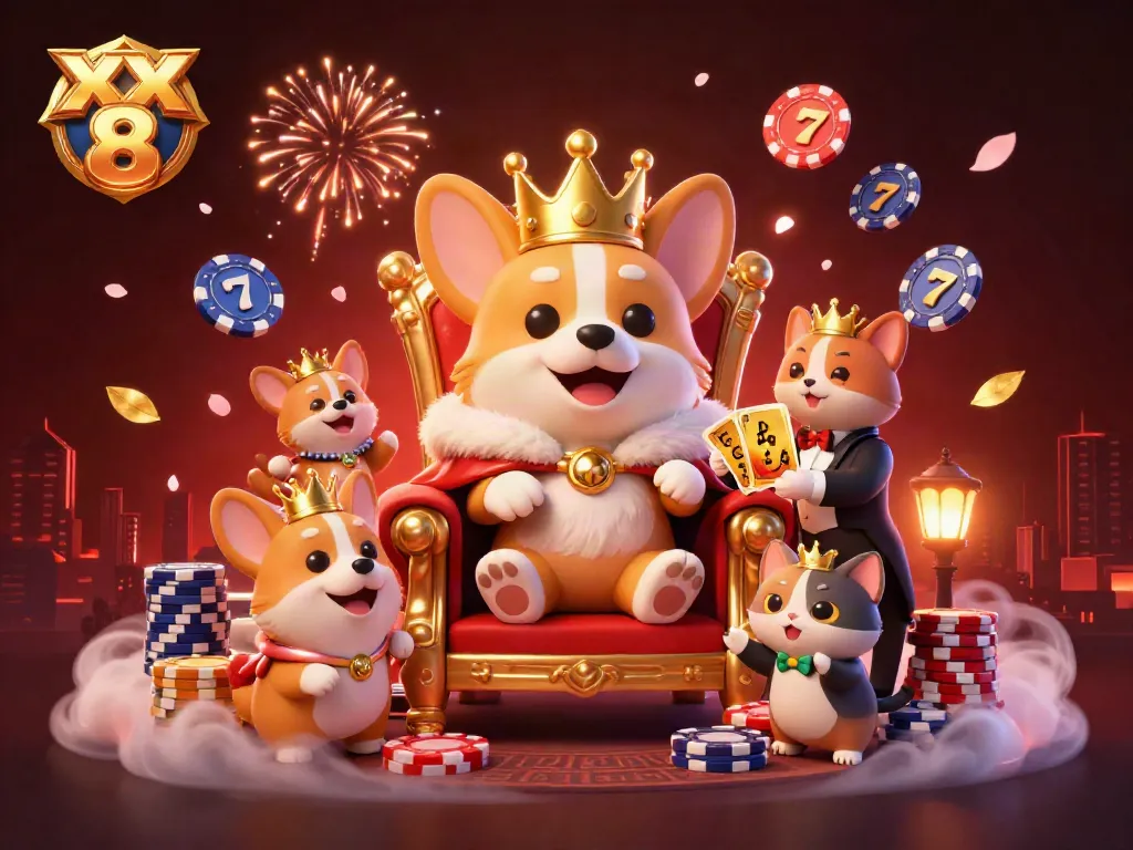 Experience the excitement of XX 8 with a royal corgi seated among sparkling slot reels and chips.