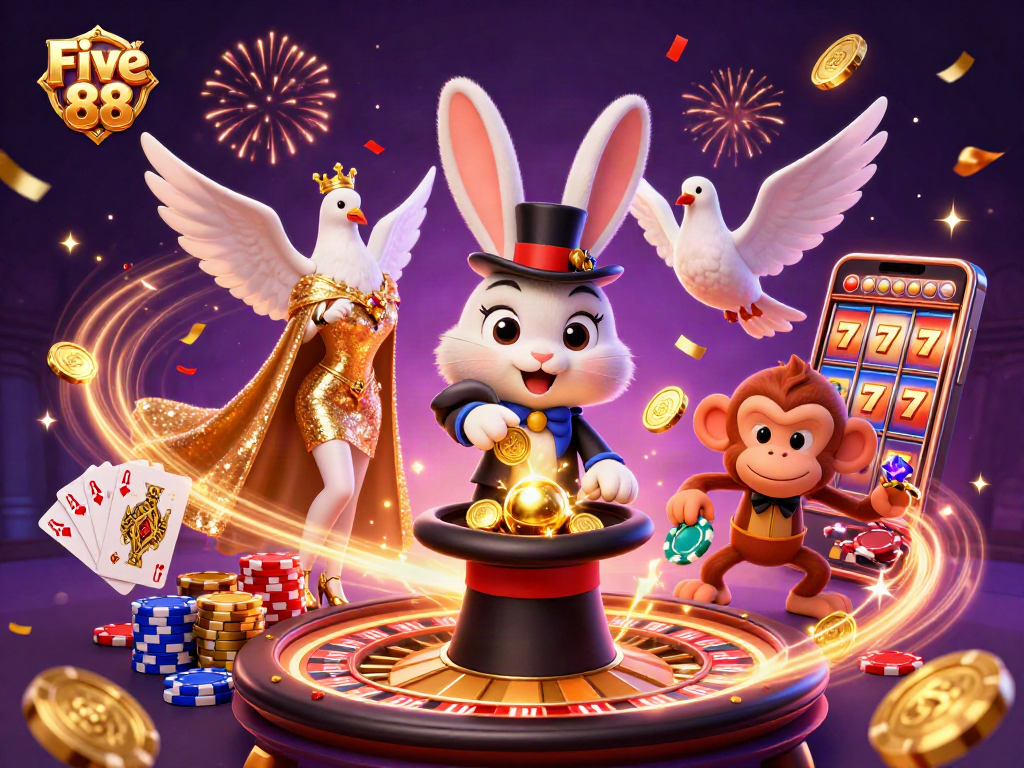 Experience excitement at Five 88 with a magician rabbit and thrilling casino games.