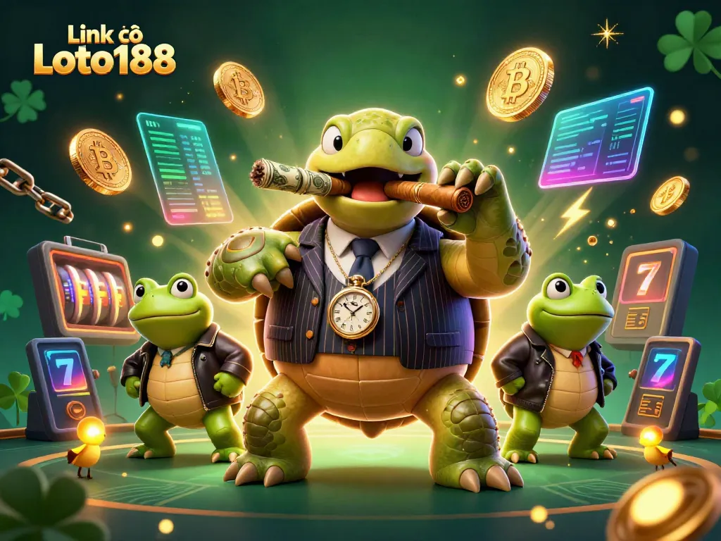 Experience the thrill of Link vào Loto188 in a vibrant, 3D casino-themed illustration featuring a mobster turtle and bullfrogs.