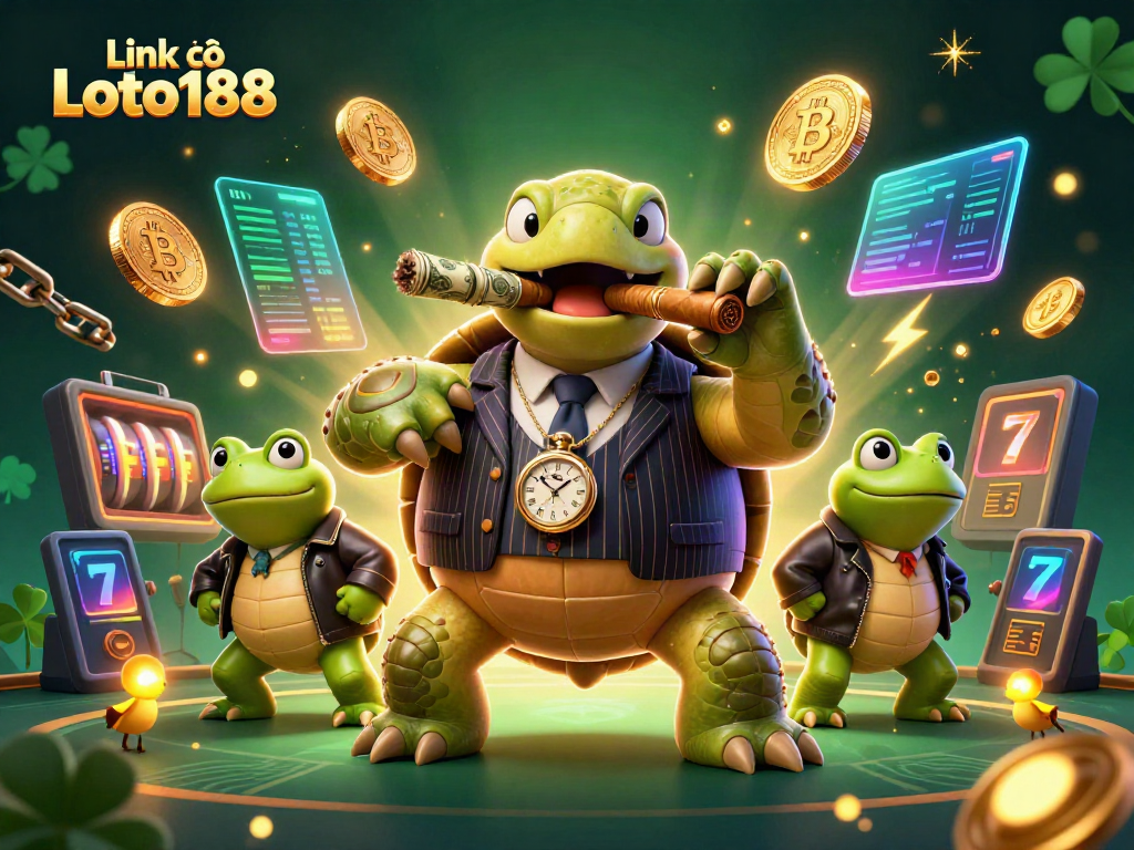 Experience the thrill of Link vào Loto188 in a vibrant, 3D casino-themed illustration featuring a mobster turtle and bullfrogs.