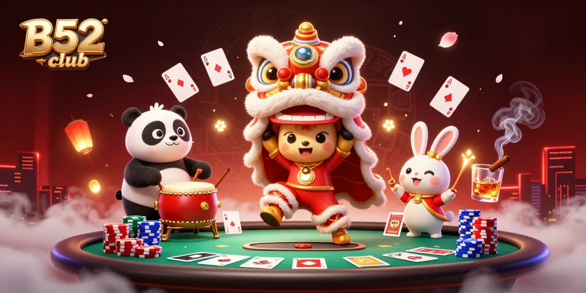B52club showcases an energetic scene with a vibrant lion dance, poker elements, and a festive atmosphere.