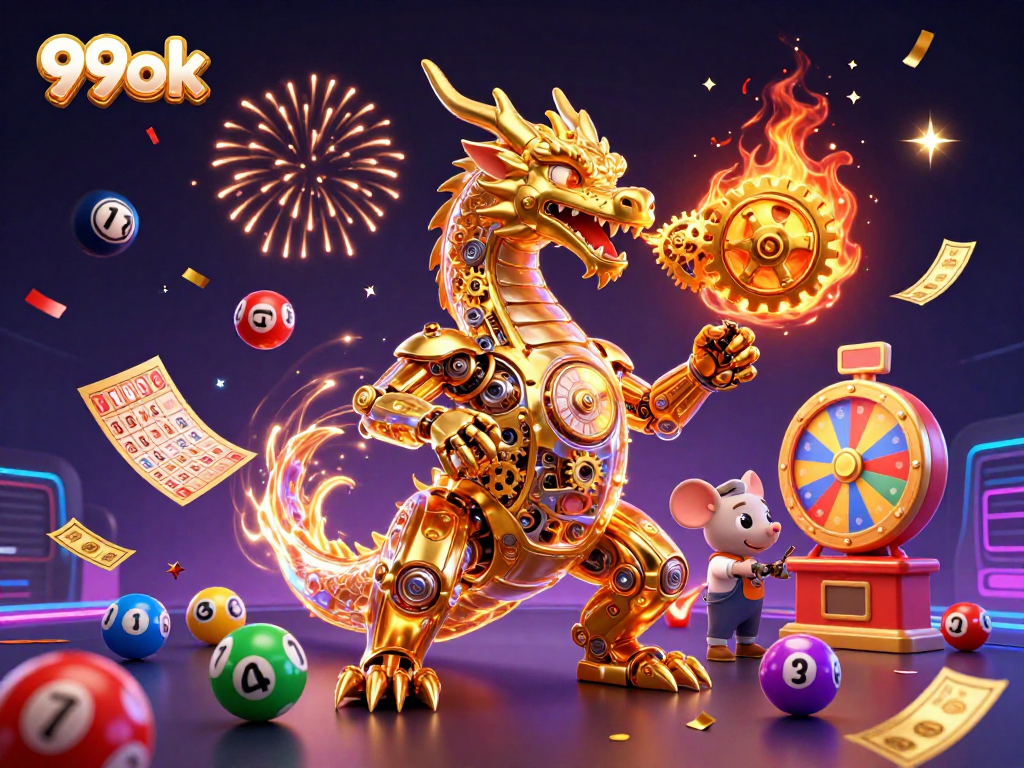 Win big with 99ok in an ultra-detailed 3D attraction featuring a golden dragon and vibrant lottery elements.