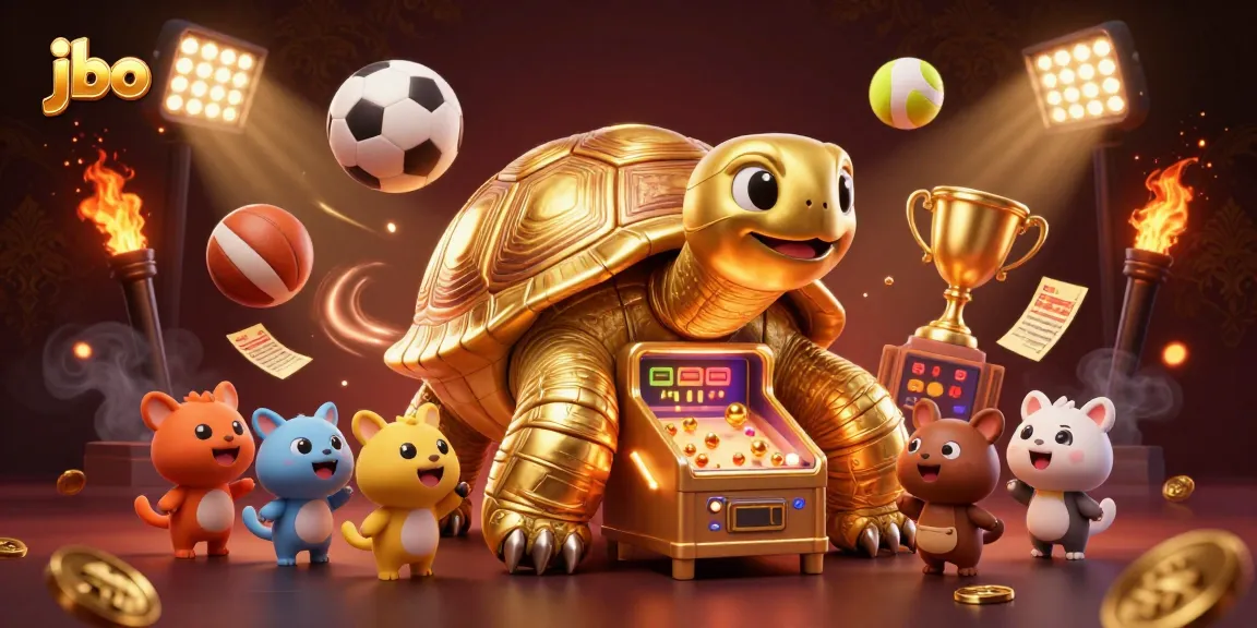 Engage with jbo's thrilling gaming experience featuring a colossal tortoise pinball machine amidst lively sports action.