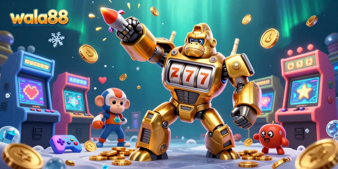 Experience live cockfighting action with wala88's golden gorilla mech in a vibrant casino scene.