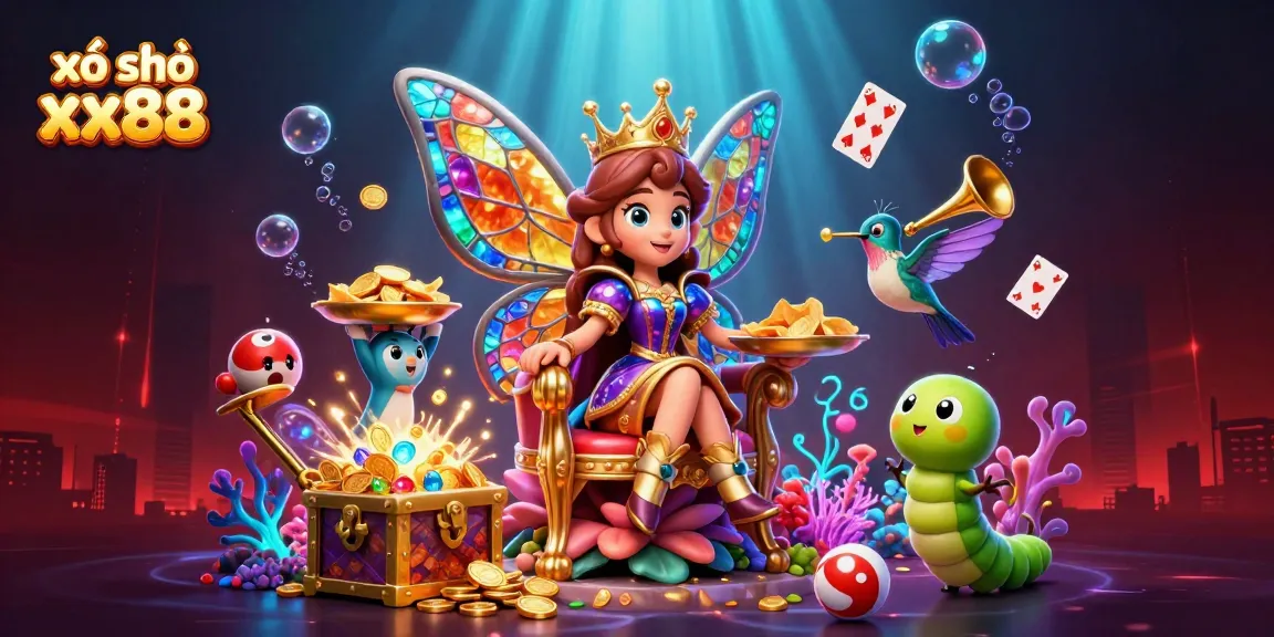 Engage with xổ số xx88 excitement as the colorful lottery queen presides over a vibrant, gem-filled scene.