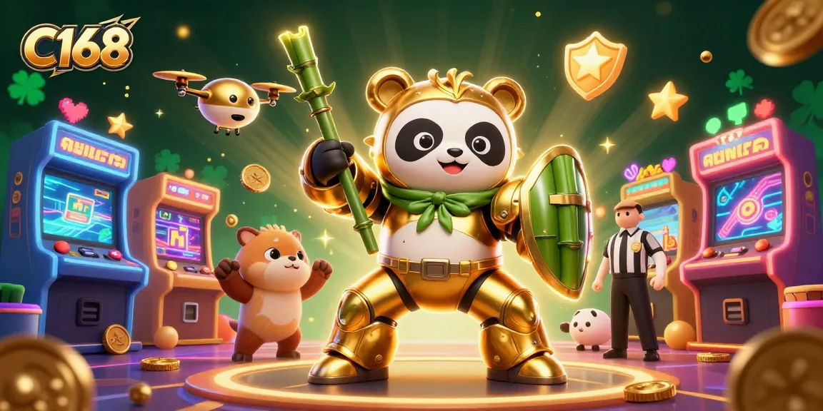 C168 grand casino scene illustrating a mech-suit panda in action among colorful arcade game elements and cheering spectators.
