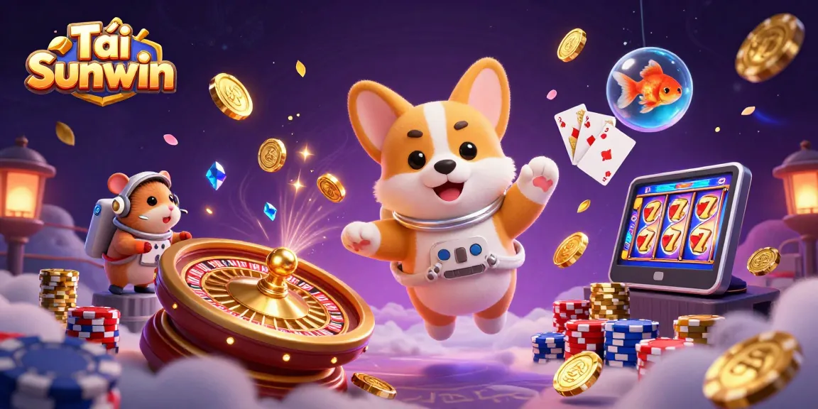 Tải Sunwin: Explore a vibrant casino universe with floating characters and dynamic gaming elements