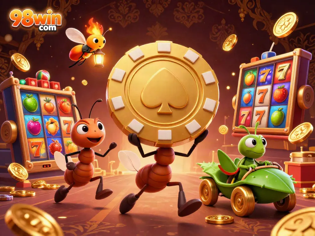Experience the thrill with 98win com as cartoon ants execute a daring heist with giant poker chips.