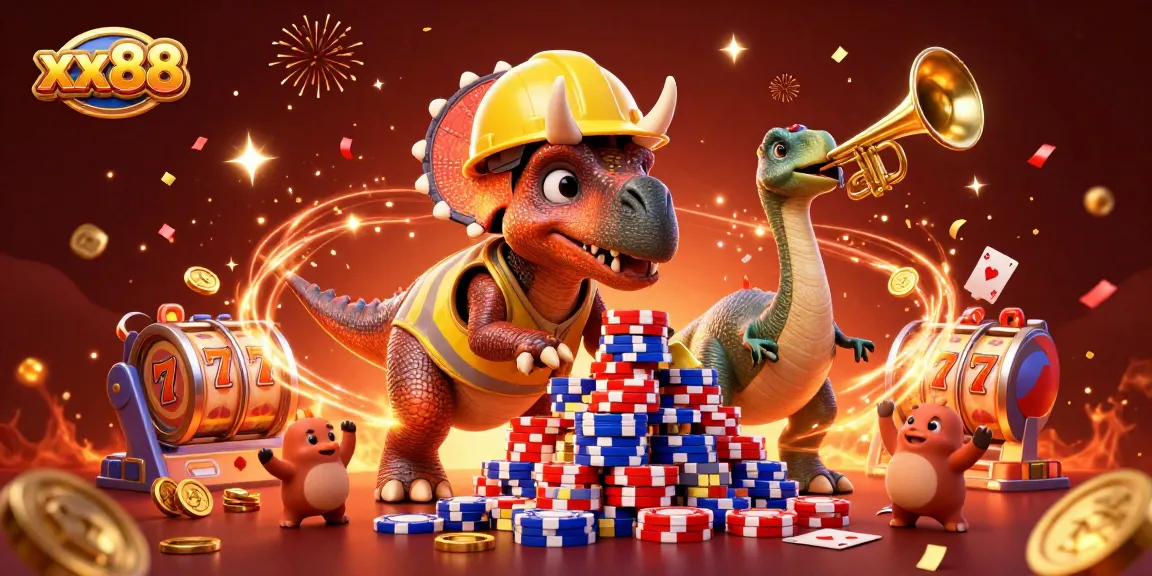 Join the excitement at xx88 with a thrilling casino scene featuring vibrant characters and gold elements.