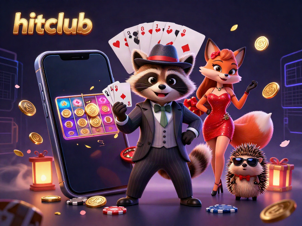Hitclub showcases an exciting gambling scene with a raccoon in a suit, fox lady, and hedgehog bouncer celebrating wins.