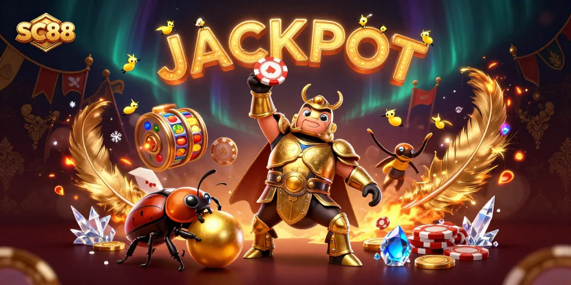 Engage in thrilling moments at SC88 with a victorious beetle champion lifting chips and celebrating jackpots.