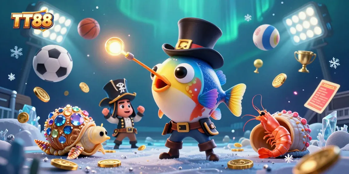 Engage with TT88's vibrant casino atmosphere featuring an anglerfish, shrimp, and treasure snail amidst dynamic sports betting elements.