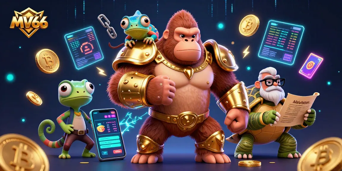 Experience thrilling gameplay at MV66 with a powerful gorilla and a wise tortoise amidst vibrant casino elements.