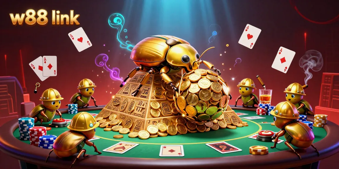 Engage with the immersive world of w88 link featuring colorful coins, poker scenes, and dynamic characters.