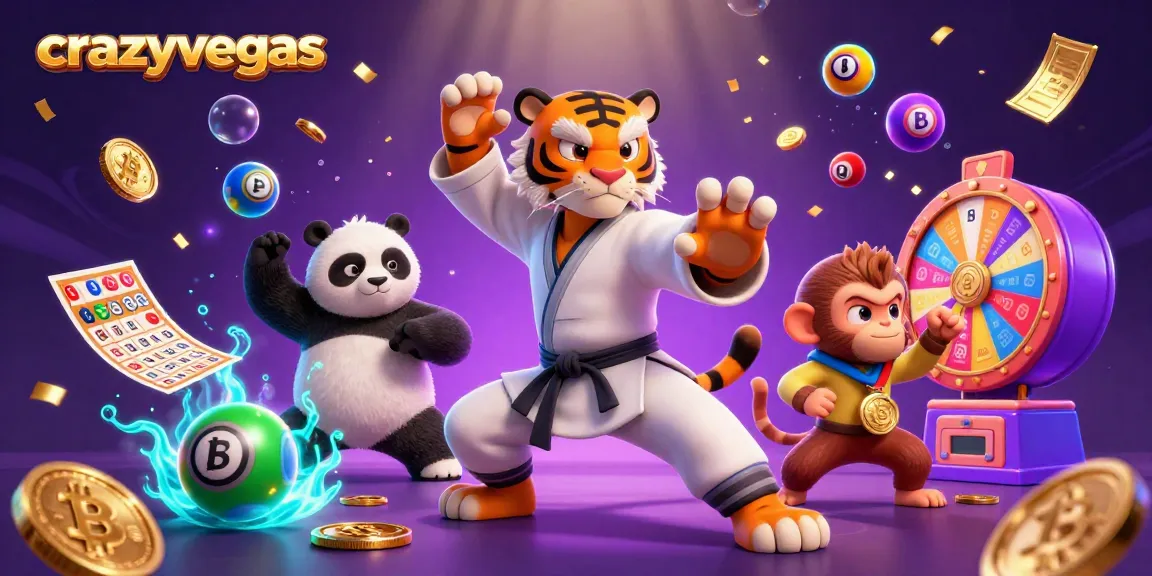 Play at crazyvegas with our 3D tiger master and panda in a vibrant Bitcoin casino scene.