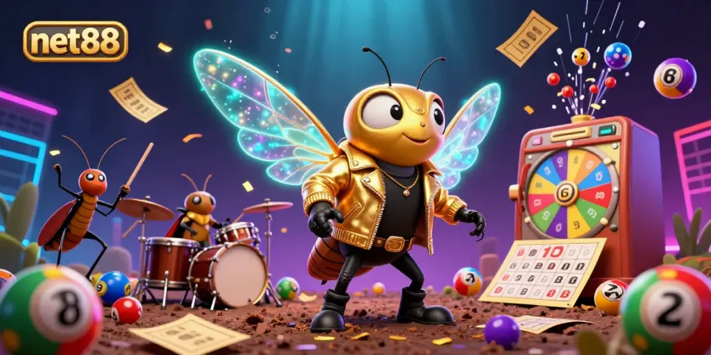 Engage with net88's vibrant online gaming scene featuring a rock star cicada band amidst lottery excitement.