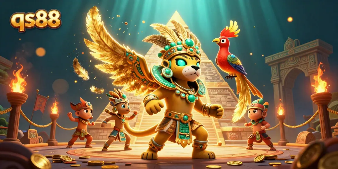 Experience thrilling gameplay at qs88 with vibrant casino elements and a jaguar priest illustration.