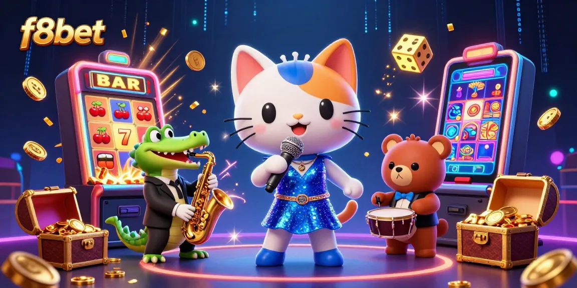 Experience thrill with f8bet in a vibrant casino scene featuring lively 3D cartoon characters.