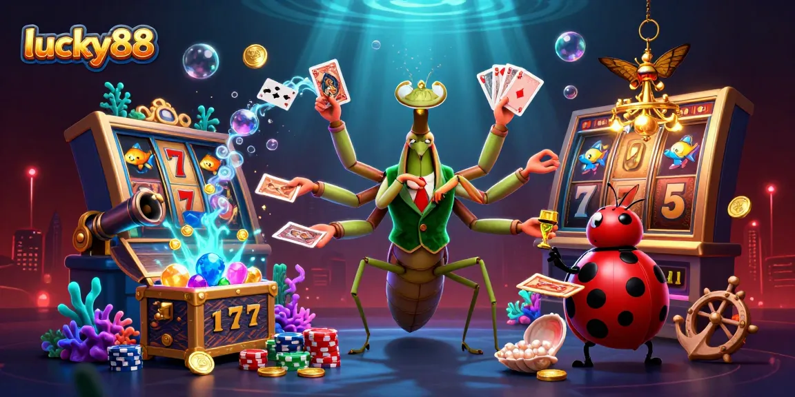 Experience thrilling gameplay with lucky88 as our giant mantis dealer interacts with playful elements.