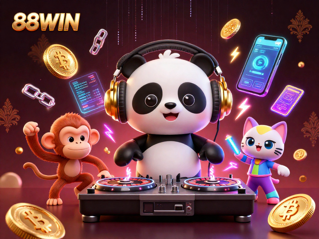 Spin with excitement at 88WIN's lively gaming scene featuring vibrant characters and crypto elements.