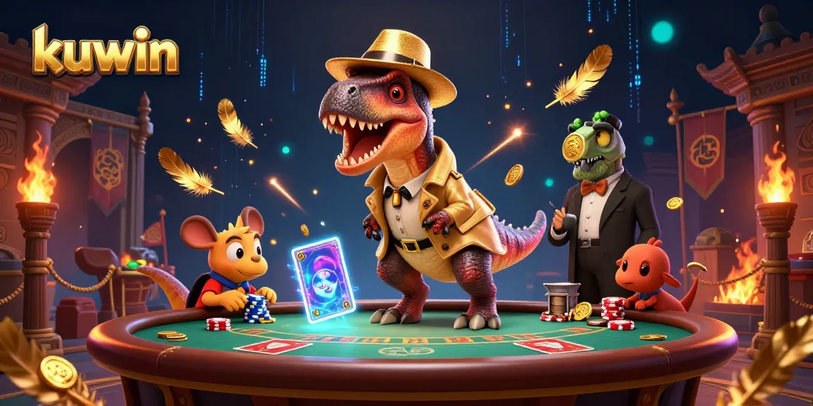 Kuwin's 3D velociraptor card counter sneaking at blackjack table amidst vibrant casino atmosphere