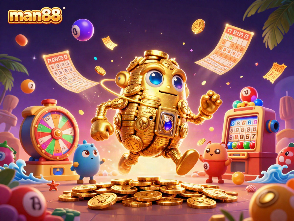 Experience the thrill with man88, showcasing vibrant gaming elements including a golden golem and lively lottery balls.