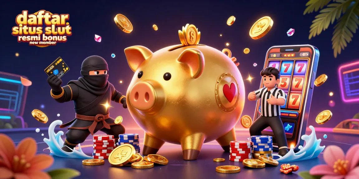 Engaging scene showcasing daftar situs slot resmi bonus new member with a golden piggy bank sumo wrestler amid cascading coins and vibrant casino elements.