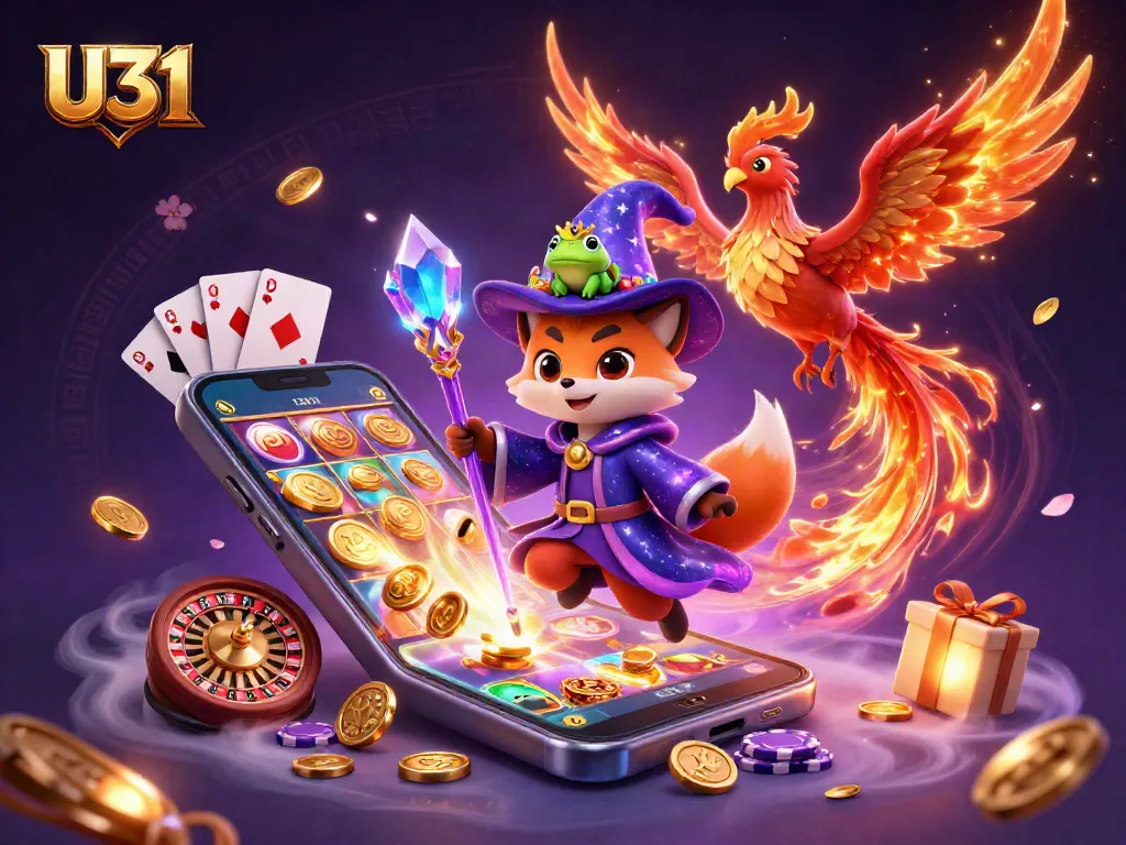 Experience exciting wins at U31 with mystical characters and vibrant casino elements in this captivating illustration.