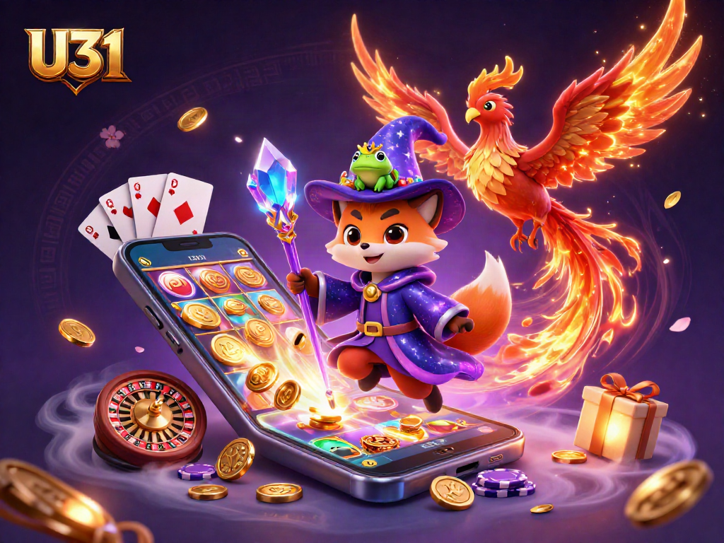 Experience exciting wins at U31 with mystical characters and vibrant casino elements in this captivating illustration.