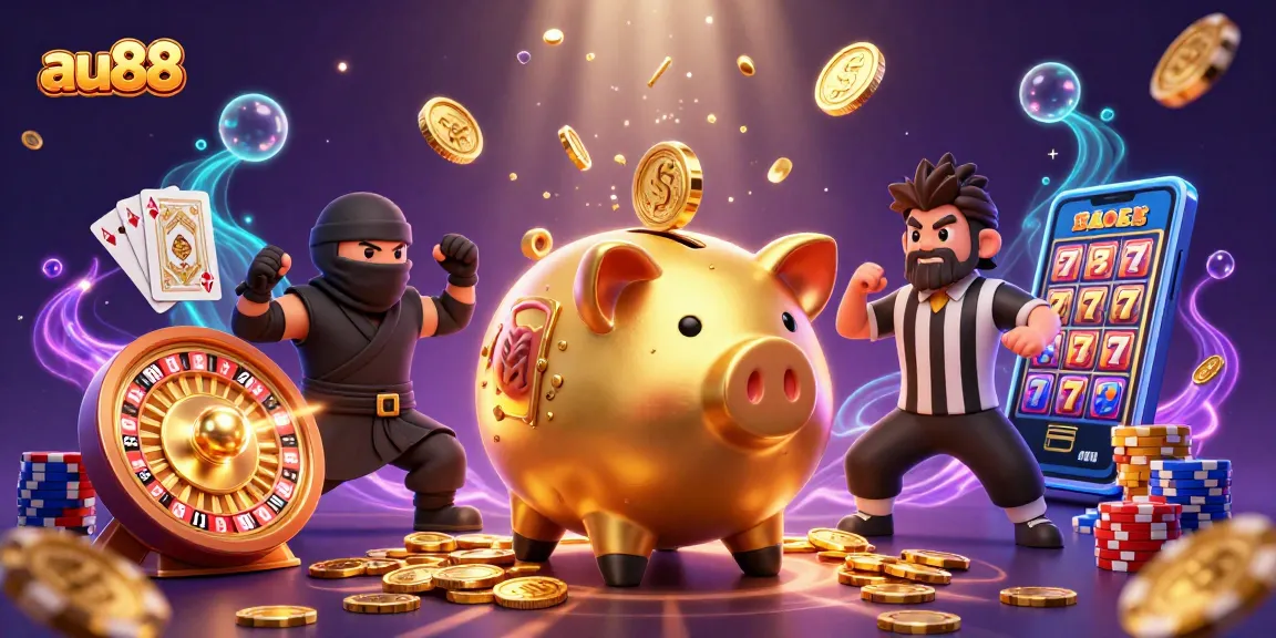 Experience the thrill of au88 with a dynamic scene of gaming characters and vibrant casino elements.