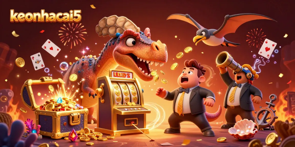 Catch flying coins at keonhacai5 as a pachycephalosaurus hits the jackpot on a slot machine.