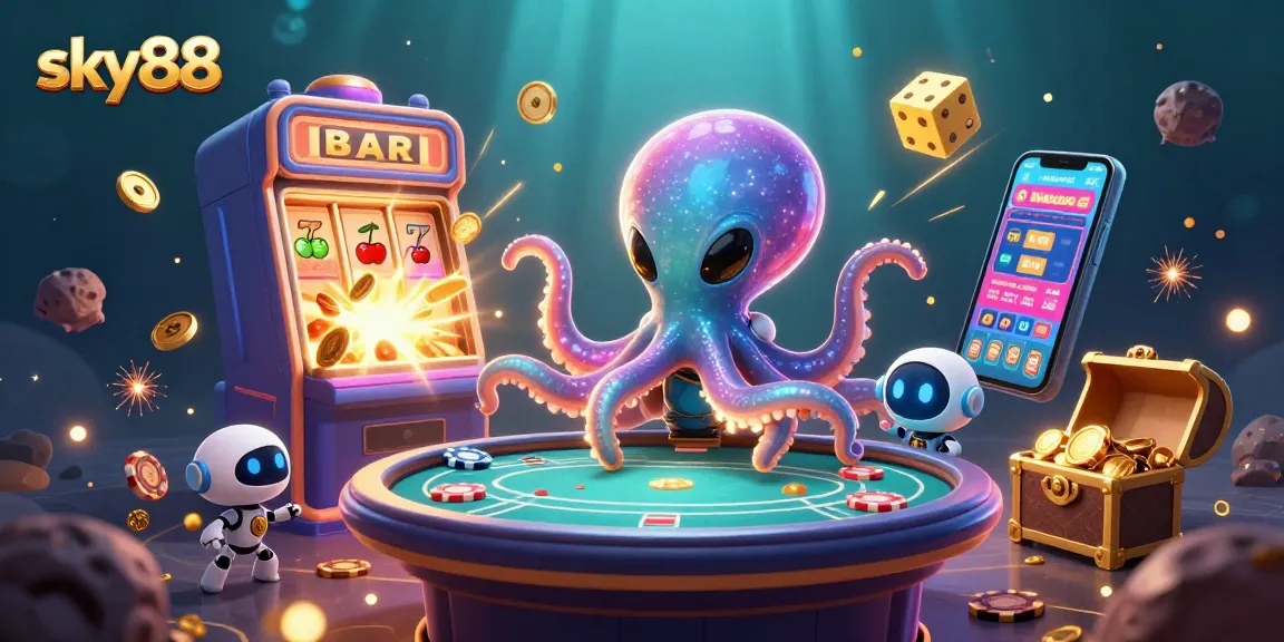 Experience thrilling gameplay at sky88 with an alien octopus handling poker and a jackpot explosion