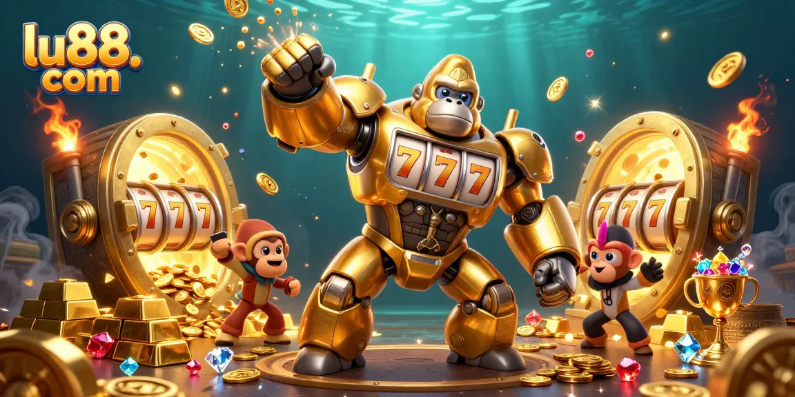 Experience thrilling wins at lu88. com with our vibrant golden gorilla mech and explosive gaming elements!