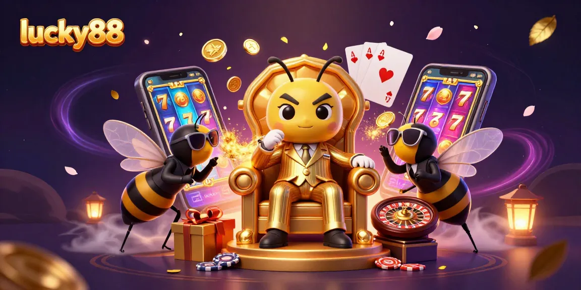 Experience lucky88 with a bumblebee mob boss and energetic casino elements in a vibrant illustration.