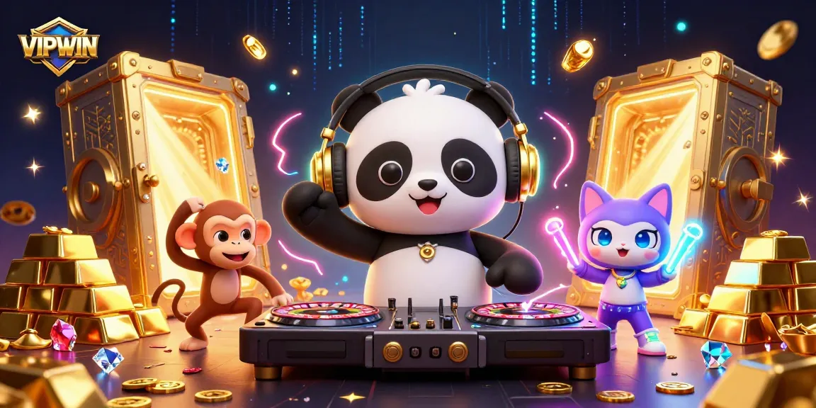 Experience thrilling games at VIPWIN, featuring a vibrant 3D scene with animated characters in a dynamic casino atmosphere.