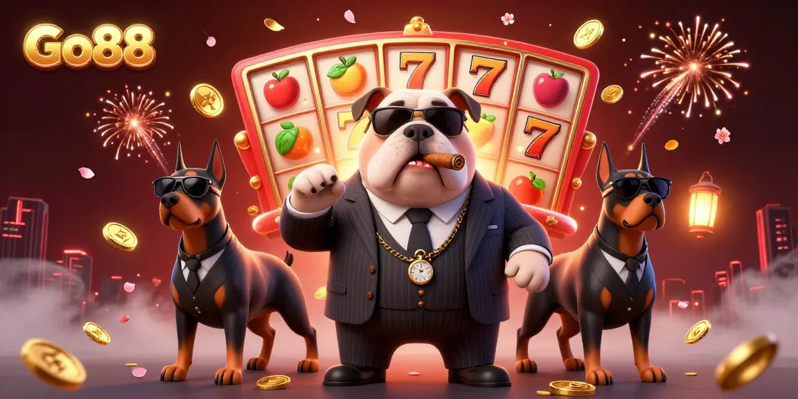 Join the excitement at Go88, featuring impressive 3D illustrations of slot reels and a vibrant casino atmosphere.