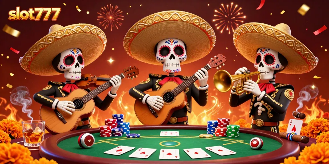 Engage in the exciting world of slot777 featuring vibrant mariachi skeletons celebrating with poker elements.