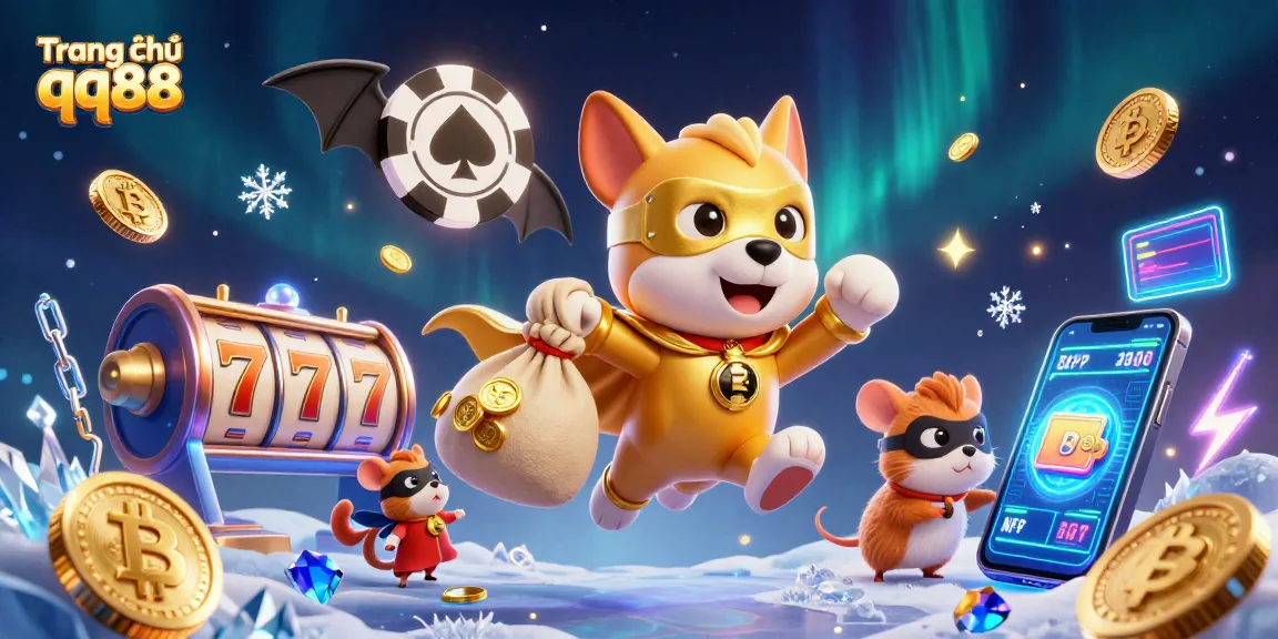 Experience the excitement of Trang chủ qq88 with a dynamic scene featuring a superhero dog, slot reels, and dazzling crypto elements.