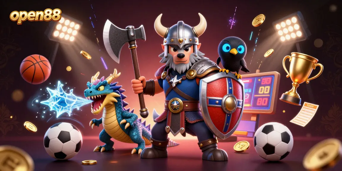 Join the excitement at open88 with vibrant characters and sports symbols in this 3D illustration.
