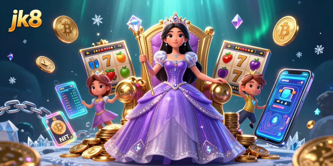 Experience the thrill of jk8 with vibrant slot games and crypto elements in a dazzling casino scene.