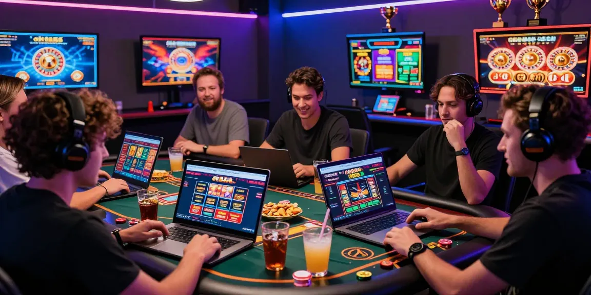 Exciting online gaming atmosphere showcasing diverse players enjoying casino games at ok8386.com, vibrant neon lights and lively interactions.