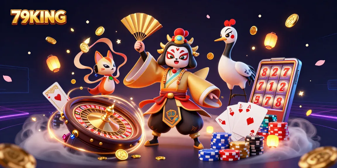 Experience winning at 79KING with vibrant casino-themed 3D illustration showcasing various gaming elements.