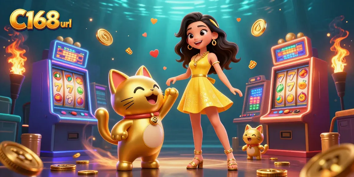 Experience the excitement of C168 url with slot machines and a lucky cat illustration.