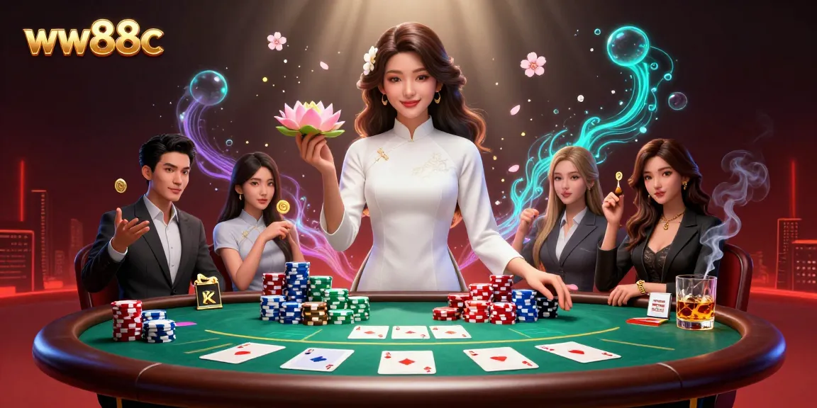 Engaging Asian woman representing ww88c at a vibrant poker table in a dynamic casino scene.