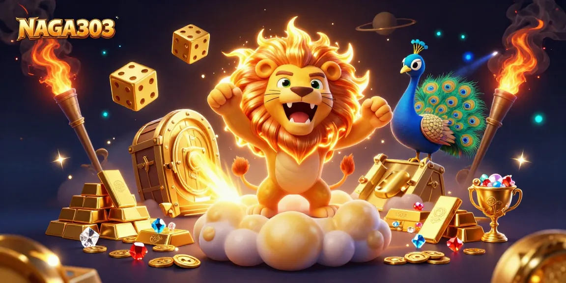 NAGA303 offers exciting gameplay with a roaring 3D lion and shining treasures in a dazzling casino scene.