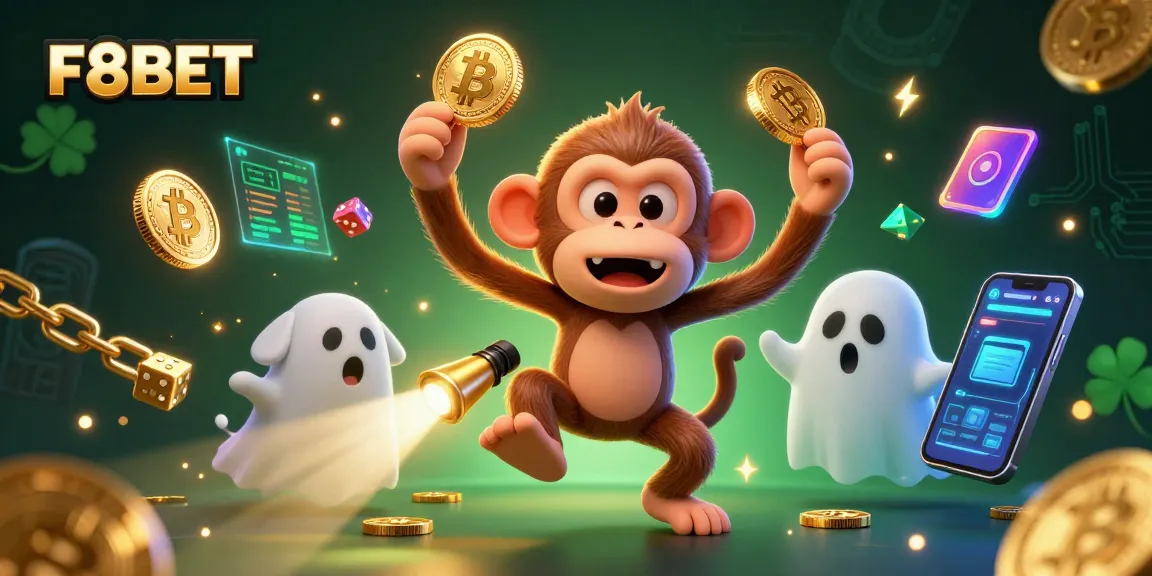 Experience F8BET with a thrilling 3D scene showcasing a poltergeist monkey and ghost-hunter puppy in a dynamic casino.